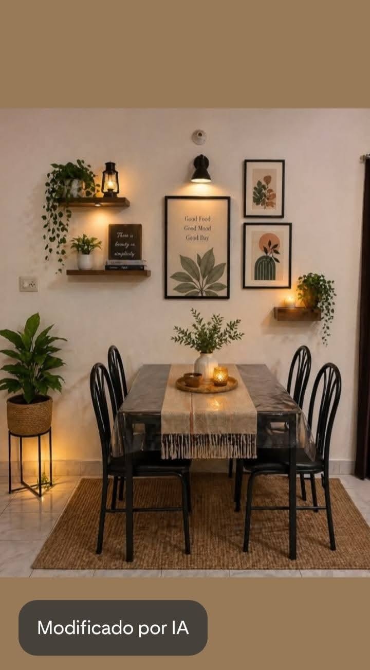 Cozy Modern Dining Room with Botanical Wall Art and Warm Lighting