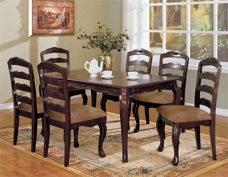 Traditional Dining Room with Dark Wood Table and Six Ladder-Back Chairs