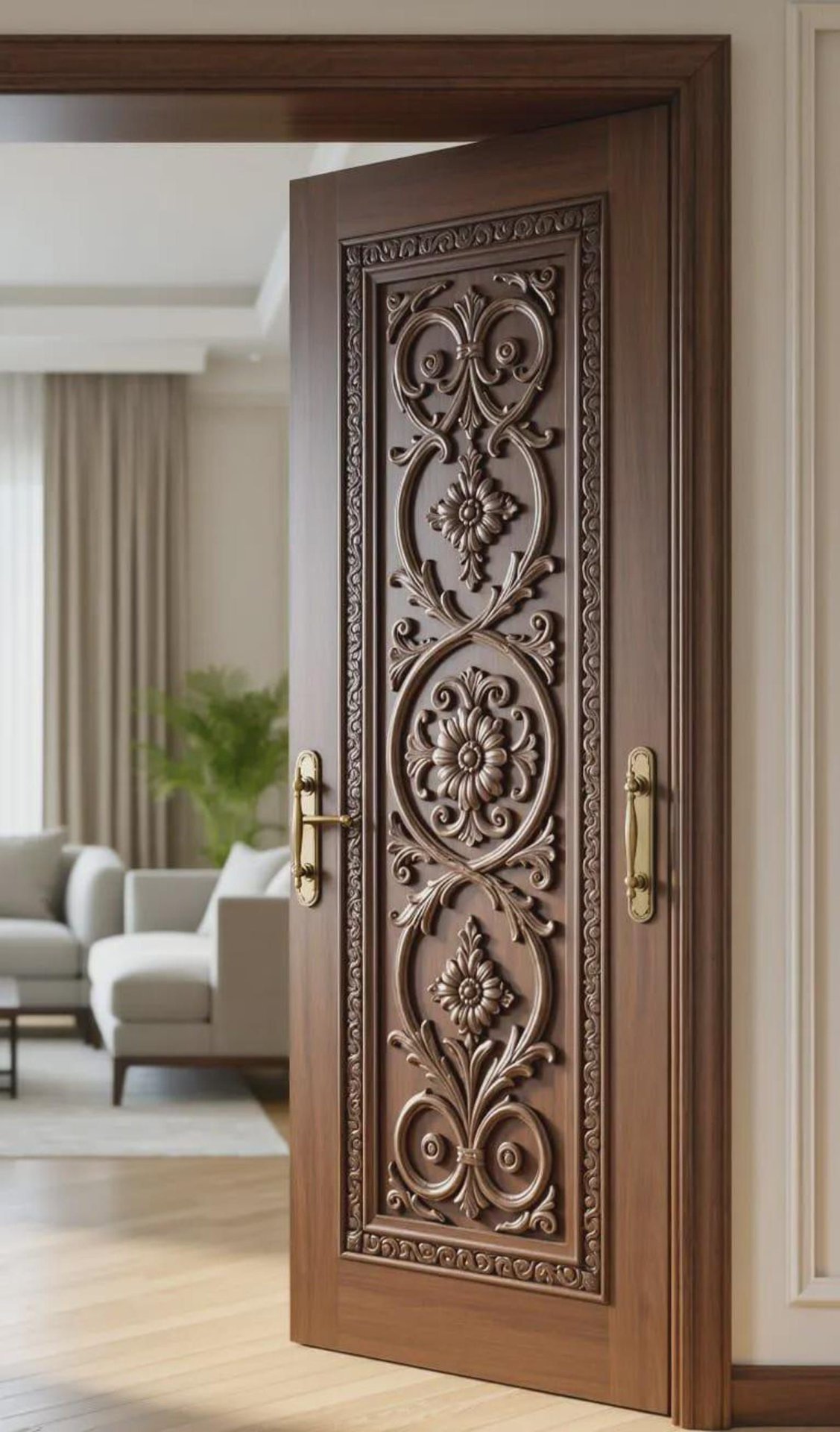 Ornate Carved Wooden Interior Door with Brass Handles in Living Space