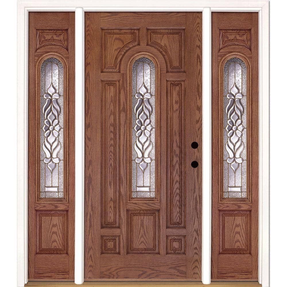 Traditional Oak Entry Door with Decorative Glass Sidelights