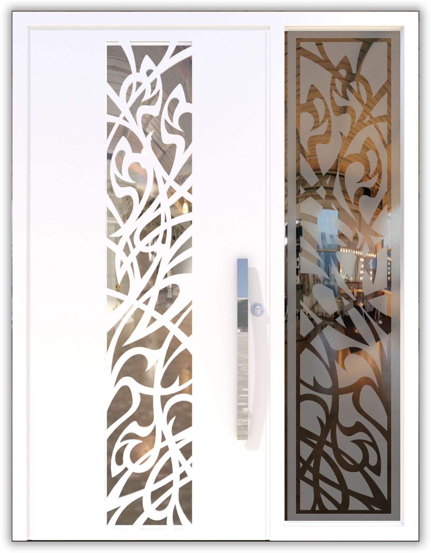 Modern White Entry Door with Abstract Frosted Glass Panel and Sidelight