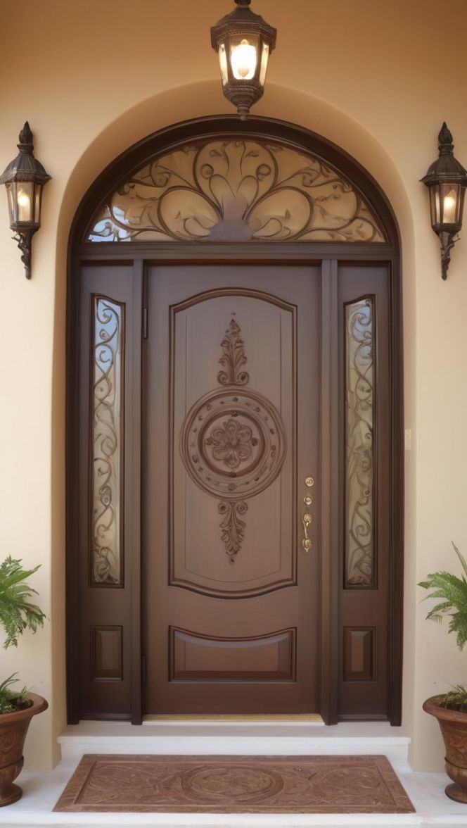 Traditional Arched Wood Entry Door with Ornate Glass Sidelights