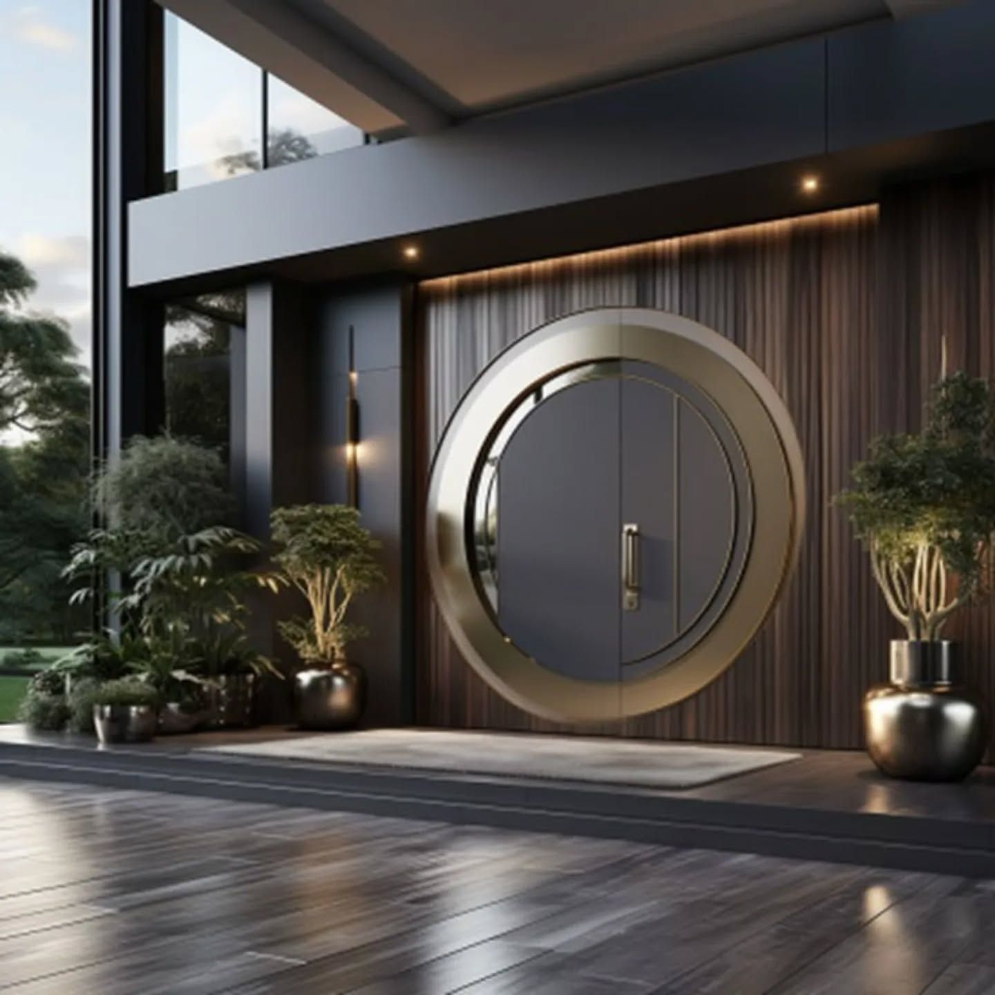 Modern Circular Entry Door with Metallic Frame and Wood Accents