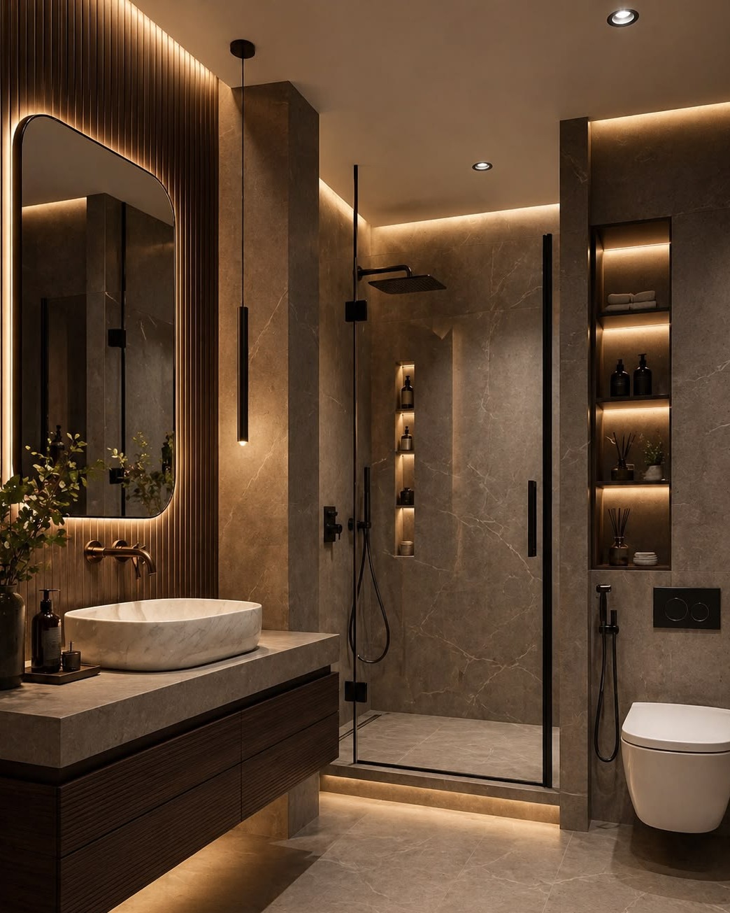 Modern Bathroom with Marble Accents and Ambient Lighting