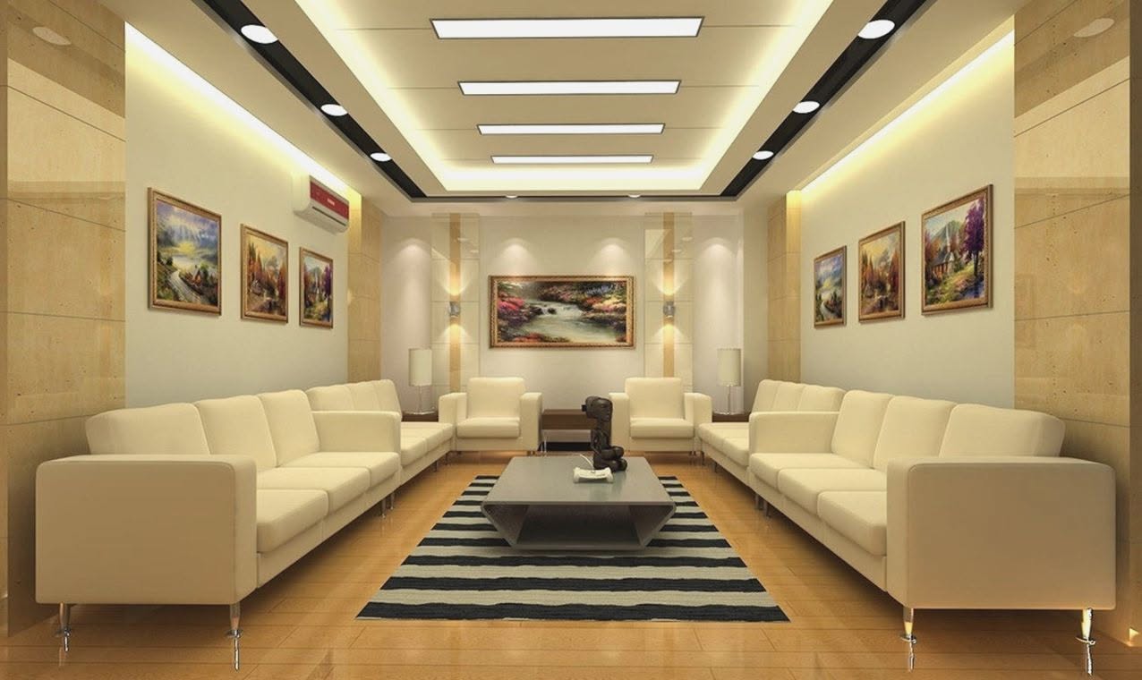 Contemporary Living Room With Cream Sofas and Layered Ceiling Lighting
