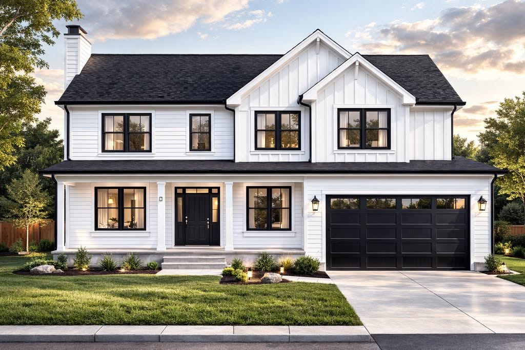 Modern Farmhouse Exterior with Black Accents and Double Garage