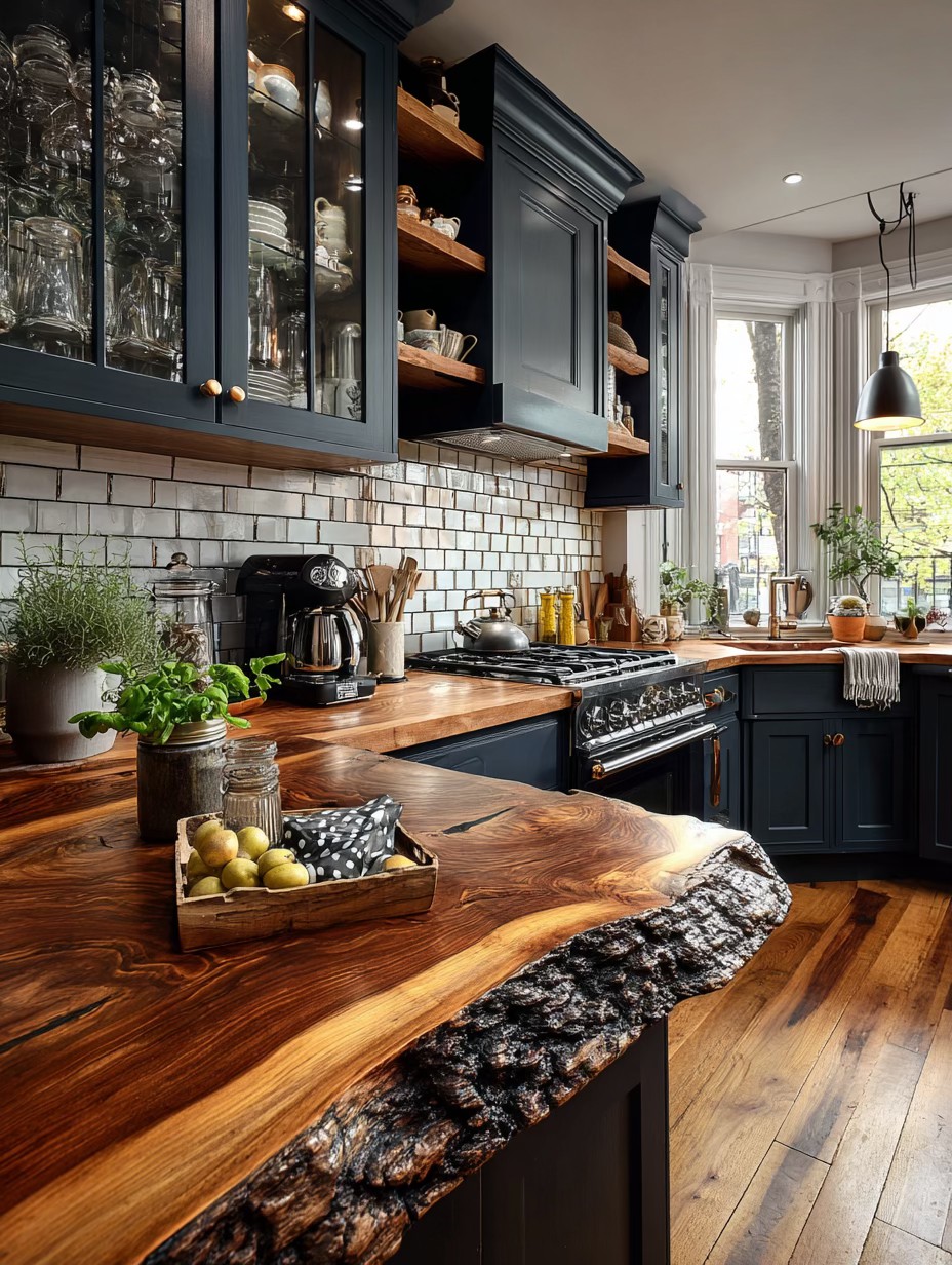 Rustic Kitchen with Live Edge Wood Countertops and Navy Cabinets
