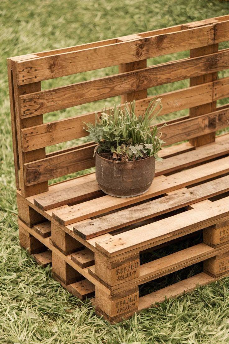 DIY Outdoor Bench Made from Wooden Pallets on Grass Lawn