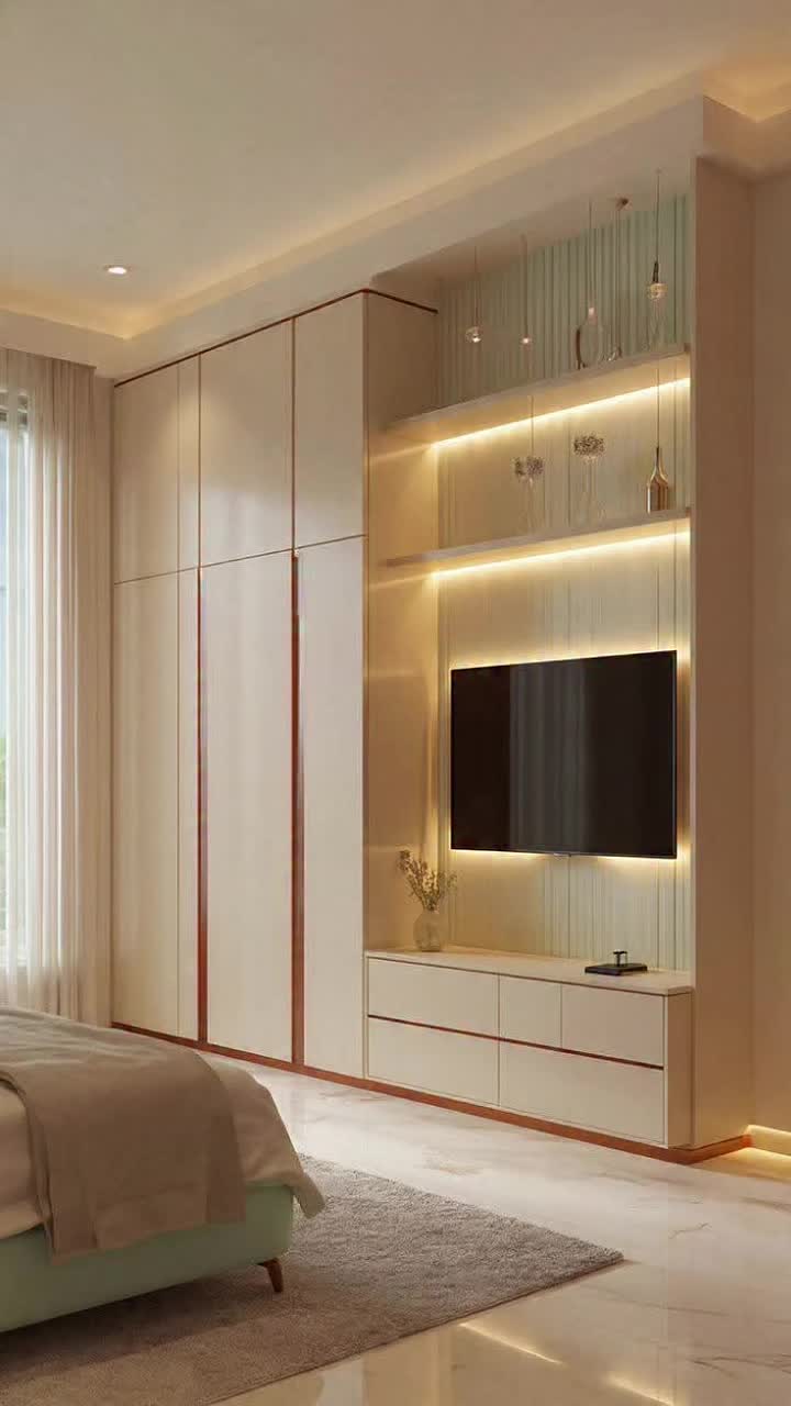 Modern Bedroom with Built-In Wardrobe and Backlit TV Wall Unit