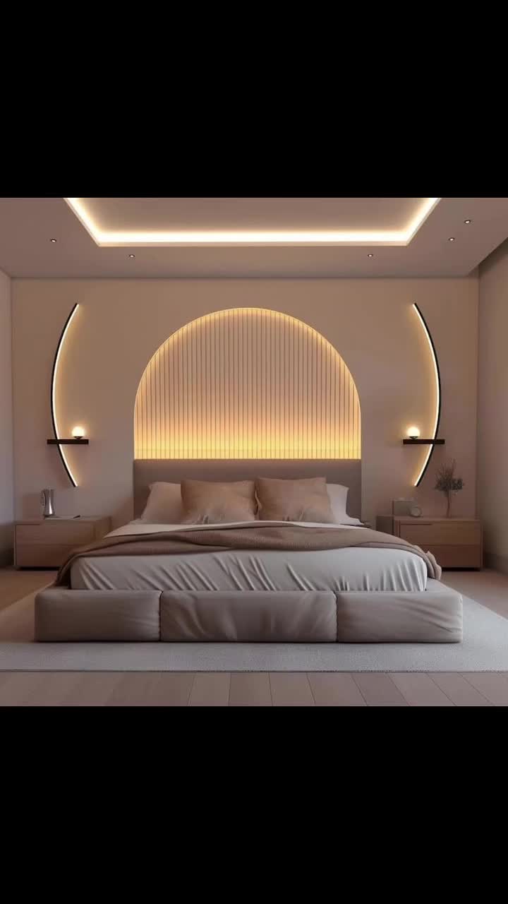 Modern Bedroom with Backlit Arch Headboard and Minimalist Decor