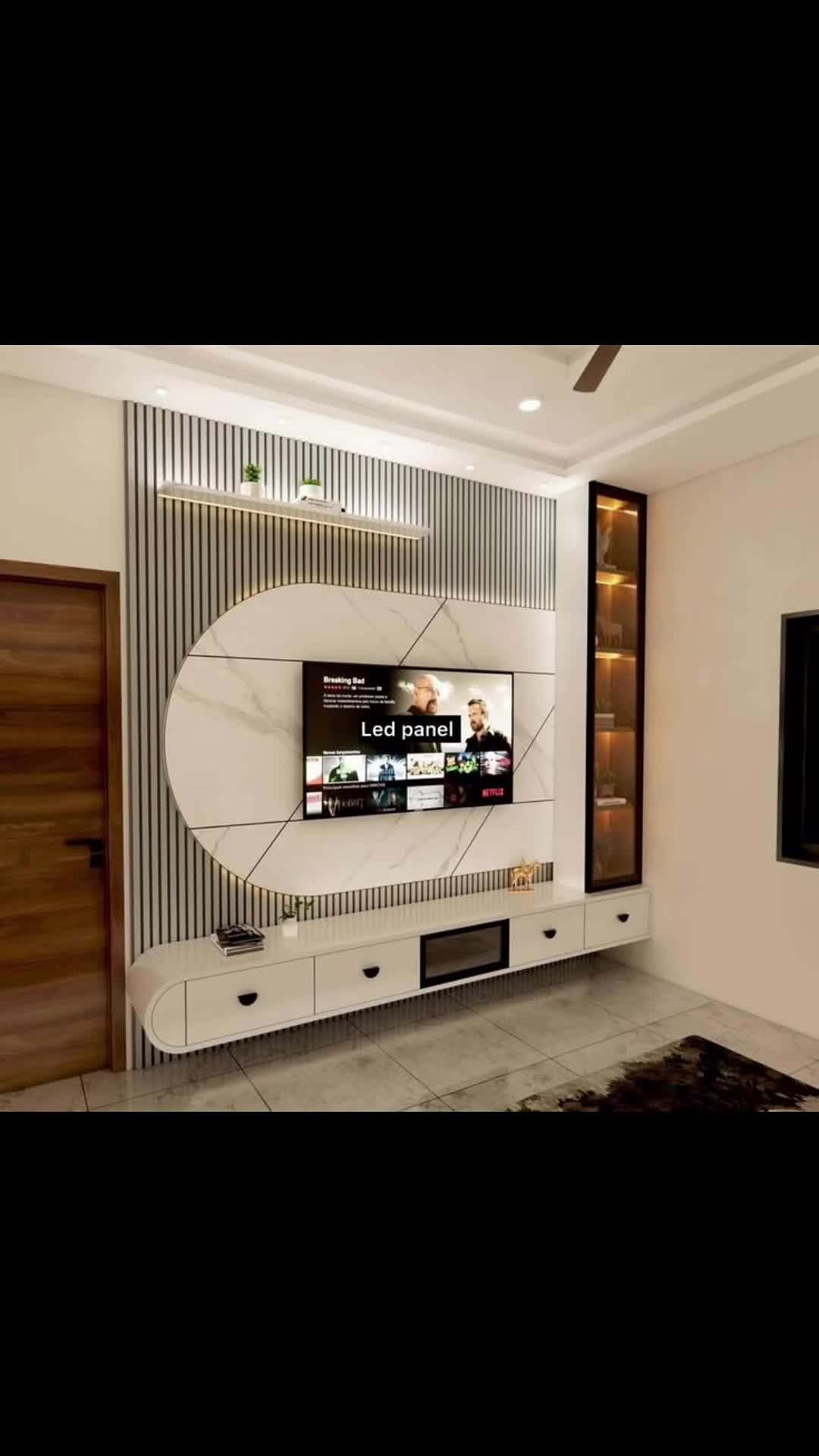 Modern Living Room TV Wall with Marble and Vertical Slat Accent