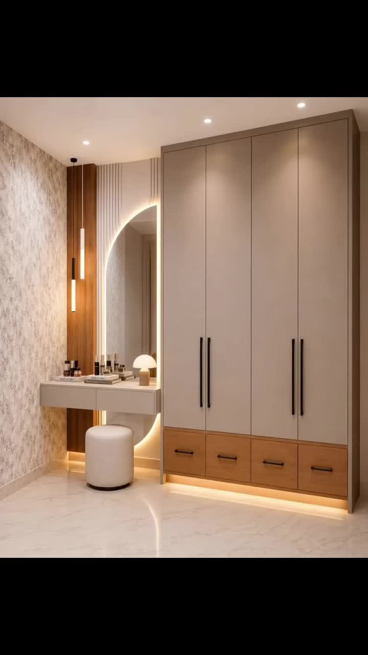 Modern Bedroom Vanity with Integrated Wardrobe and LED Lighting