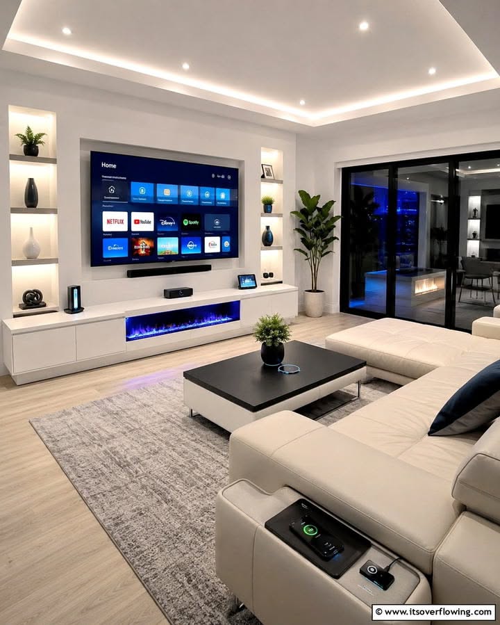Modern Living Room With Built-In Media Wall and Ambient Lighting