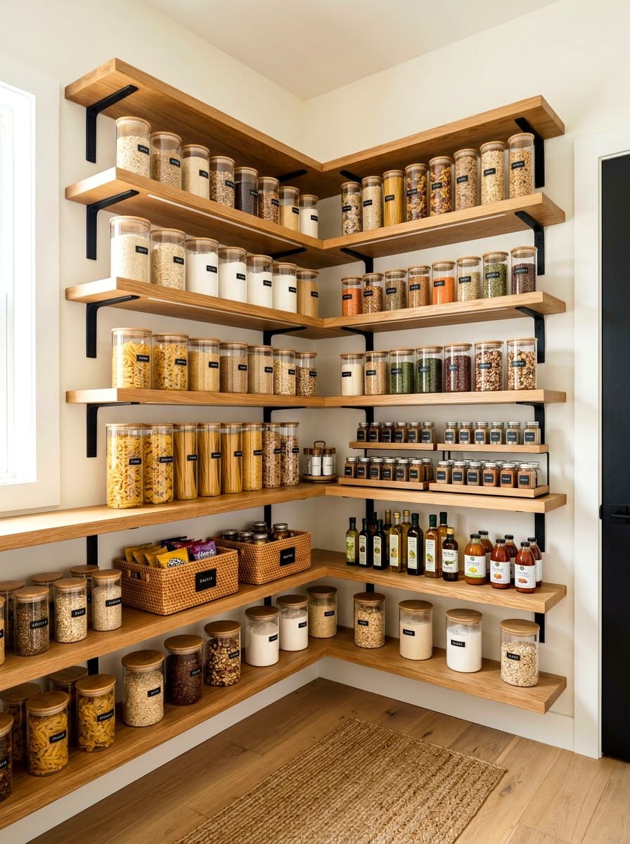Modern Walk-In Pantry with Open Wood Shelving and Organized Storage