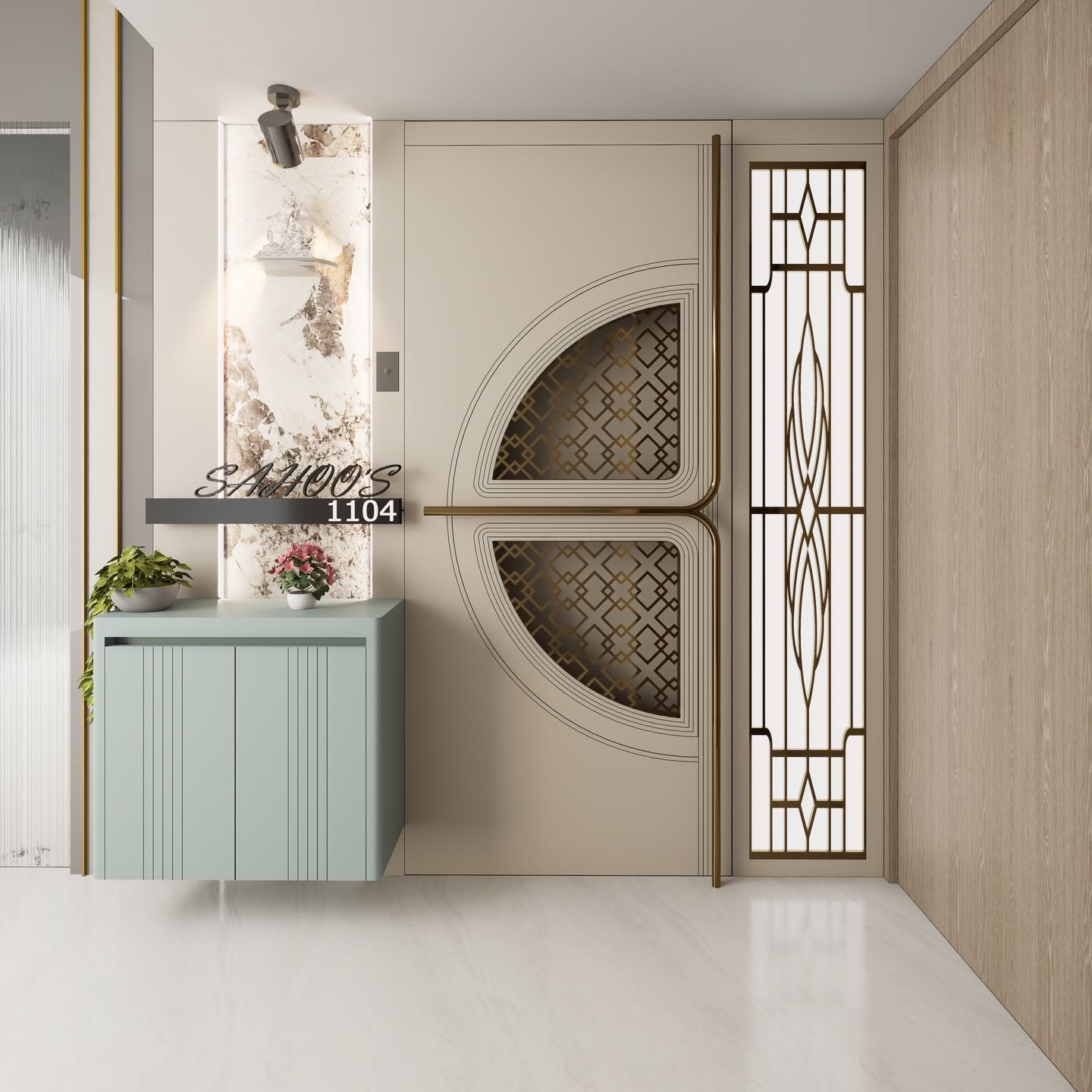 Contemporary Entry Door with Geometric Brass Inlay and Marble Accent