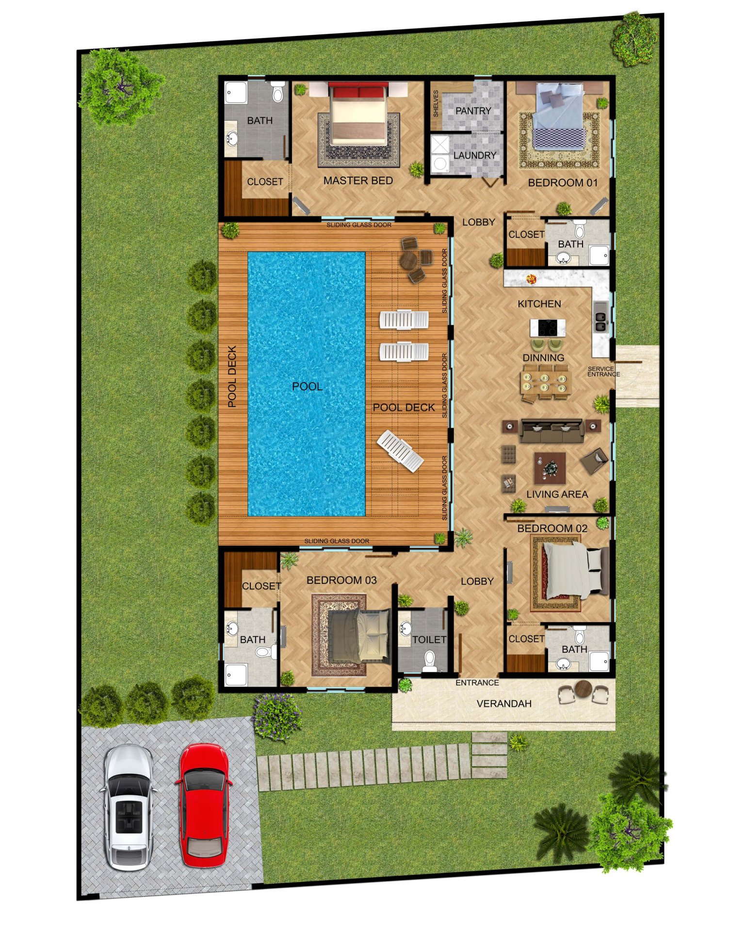 Modern Single-Story Home Floor Plan with Central Pool and Open Living