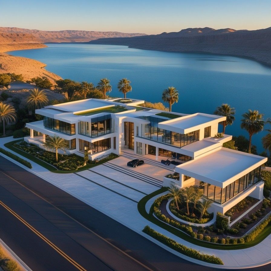 Modern Lakefront Home with Expansive Glass Walls and Palm Landscaping