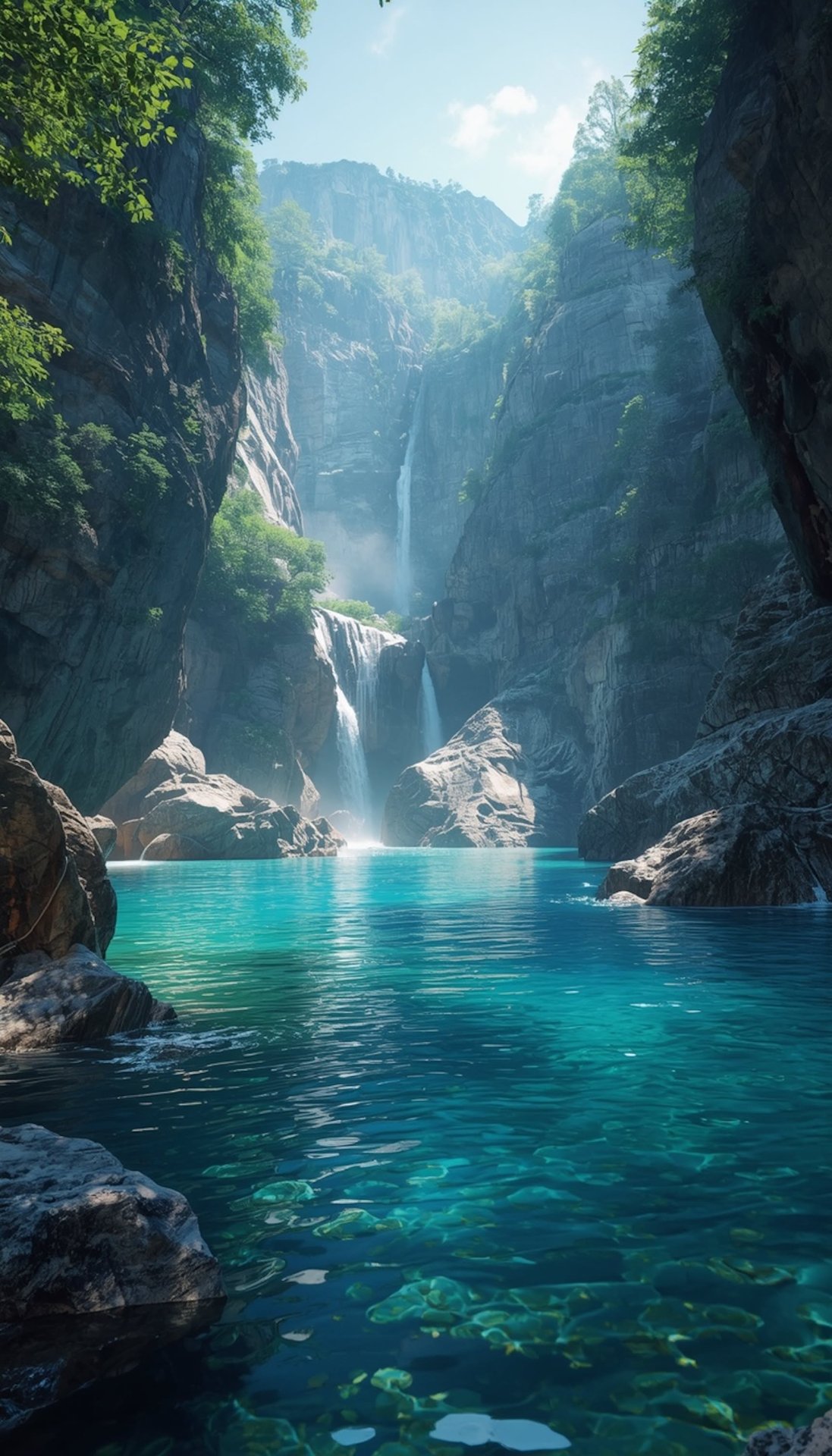 Majestic Waterfall Amid Rocky Cliffs and Turquoise Pool