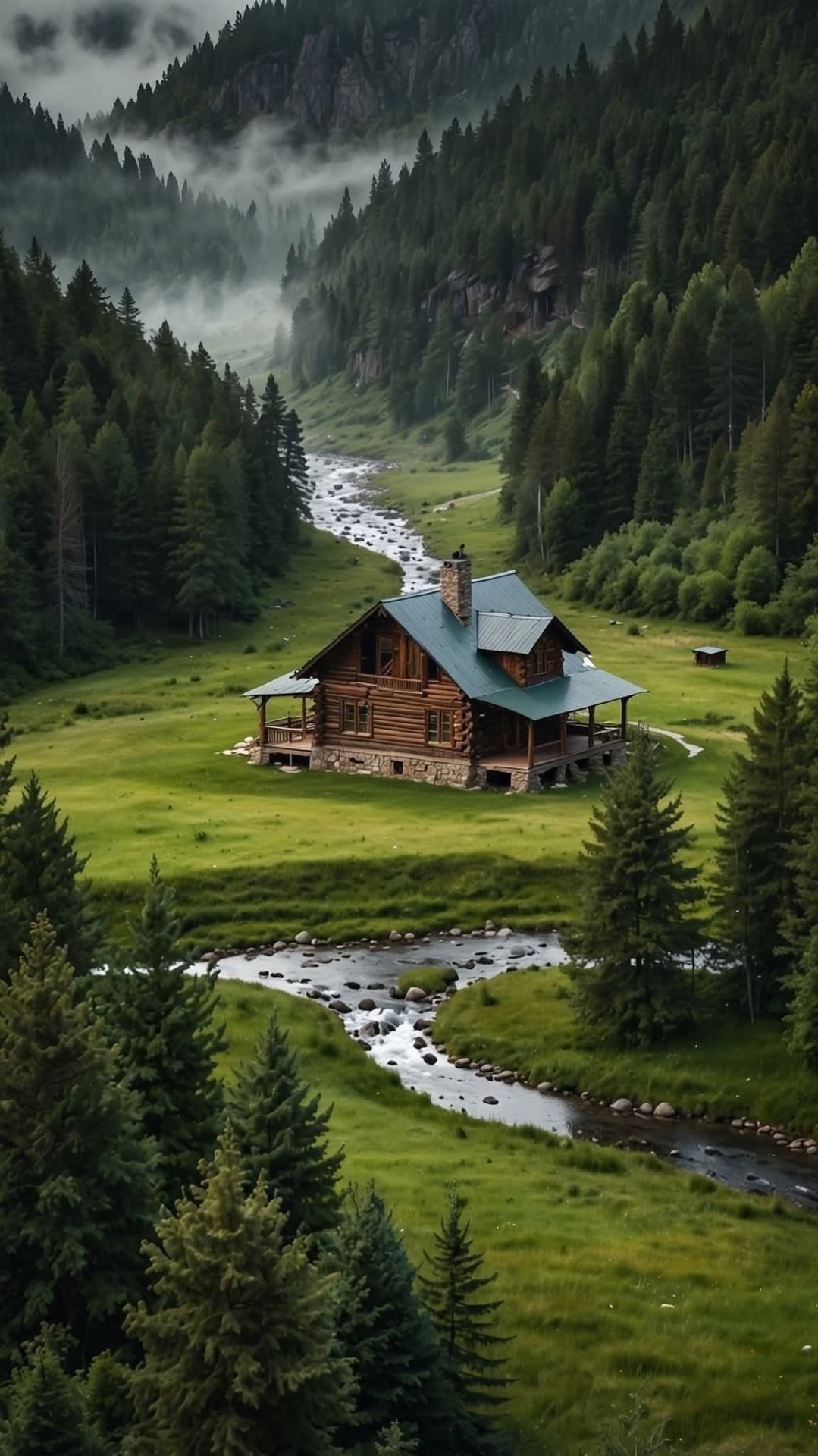 Secluded Log Cabin Retreat Along a Mountain Stream in Dense Forest