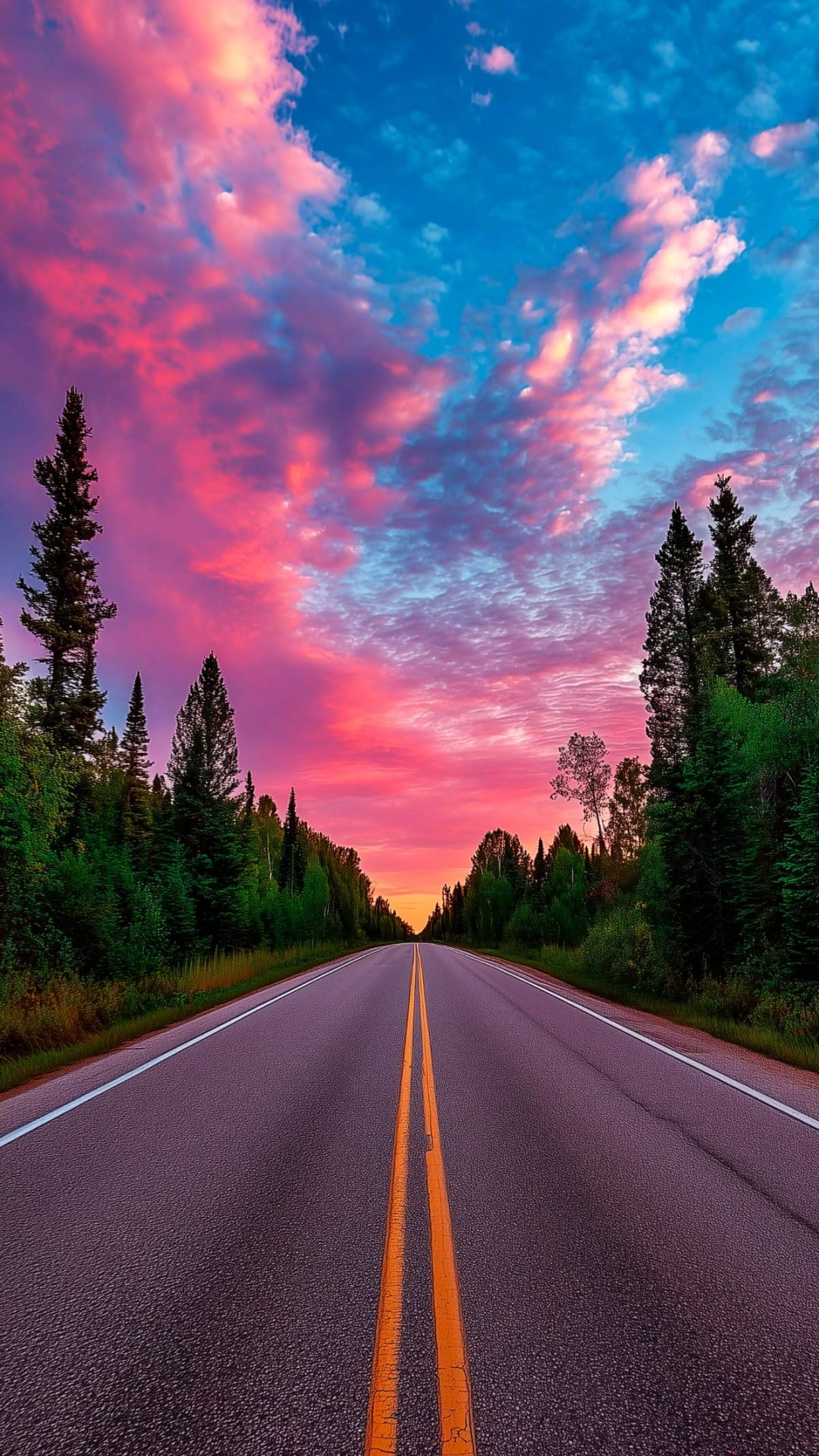 Scenic Forest Highway at Sunrise with Vibrant Pink and Blue Sky