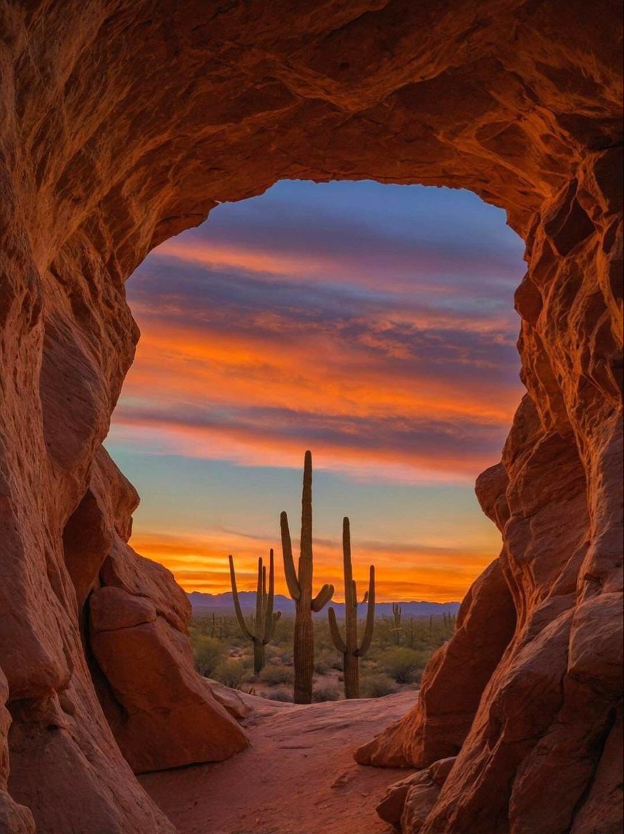 Desert Cave View Framing Saguaro Cacti at Vibrant Sunset