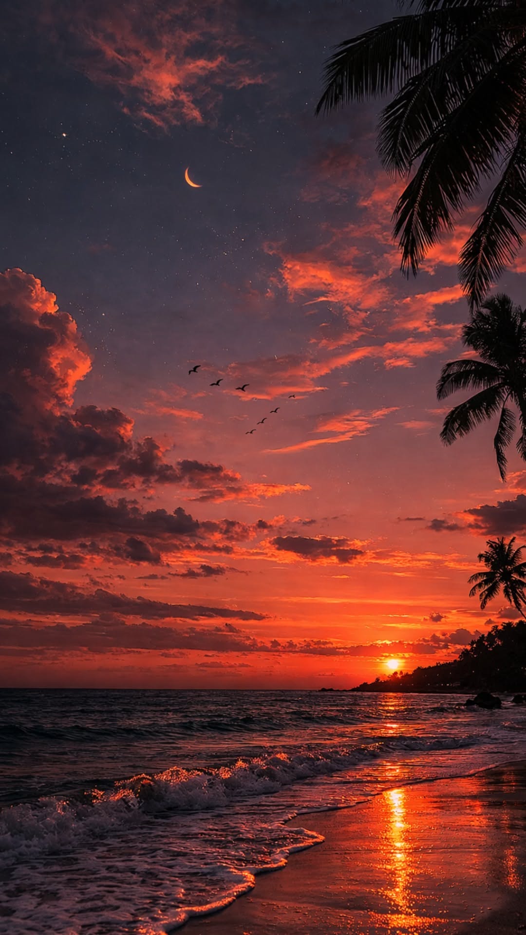Vivid Sunset Beachscape with Palm Silhouettes and Crescent Moon