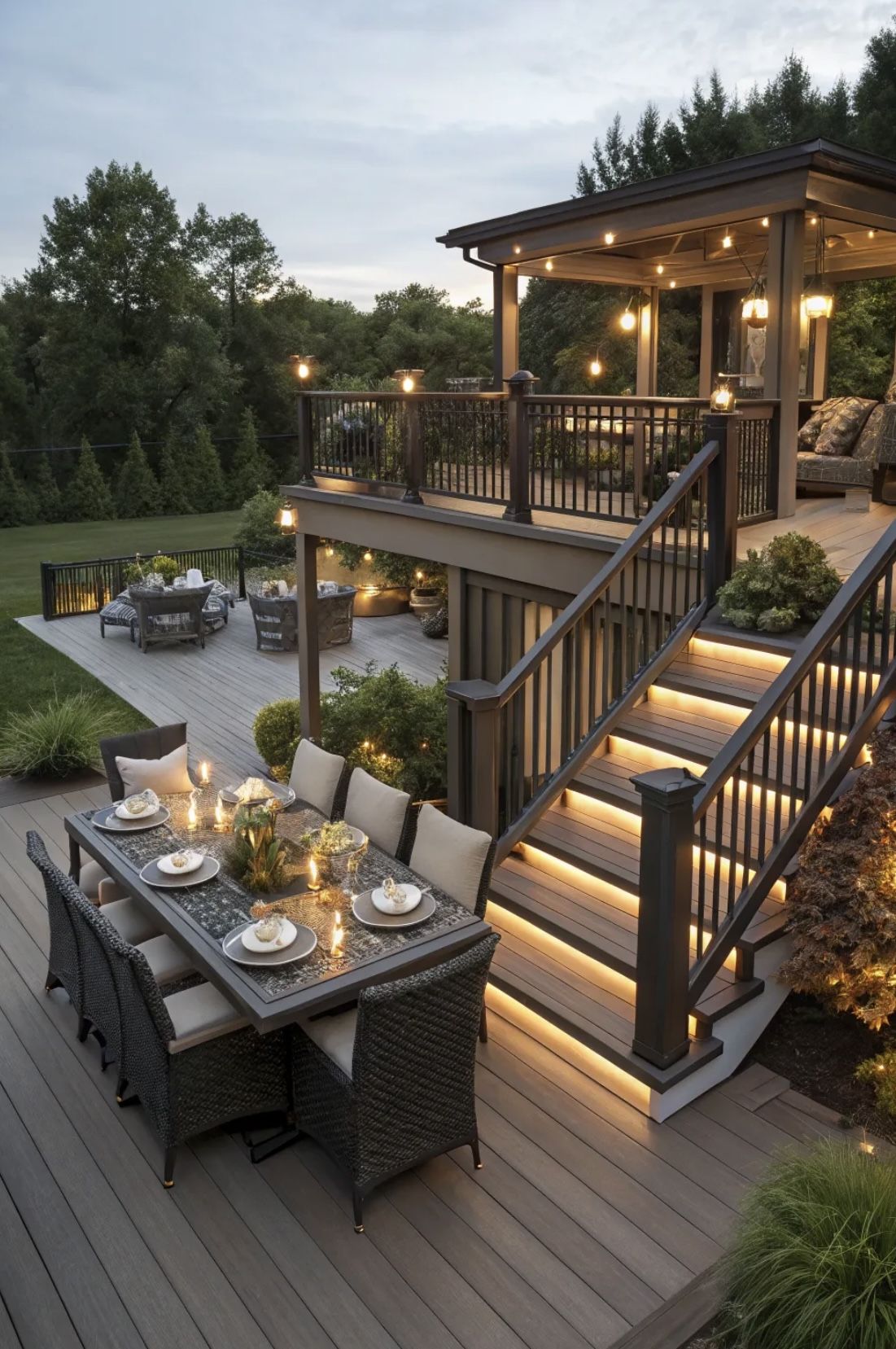 Multi-Level Patio with Covered Lounge, Dining Area, and Ambient Lighting