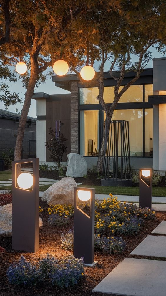 Modern Front Yard with Globe Lighting and Geometric Pathway