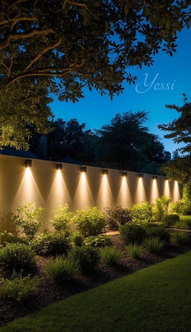 Modern Backyard Garden With Wall-Mounted Outdoor Lighting at Dusk