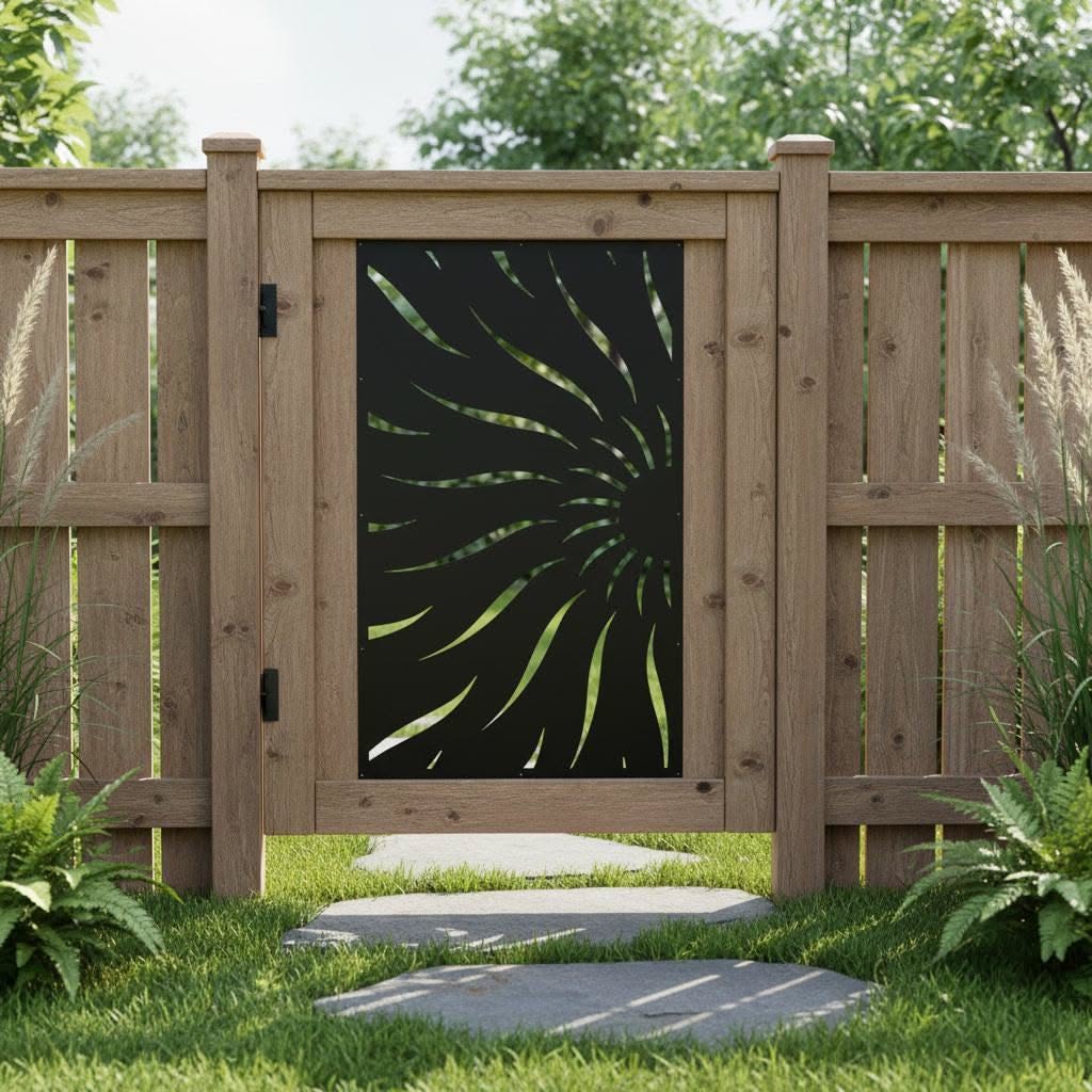 Modern Wood Fence Gate with Artistic Metal Sunburst Panel