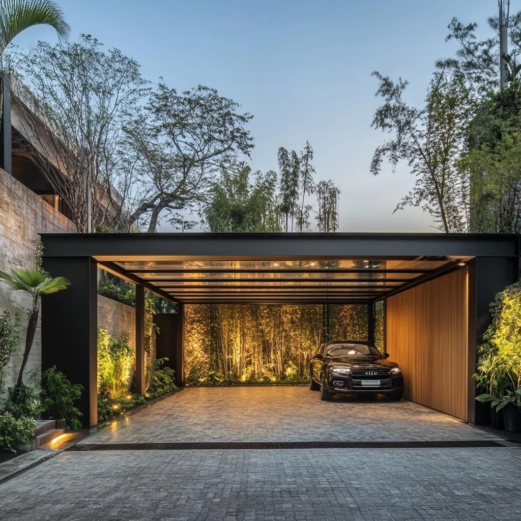 Modern Open Carport with Glass Roof and Ambient Lighting