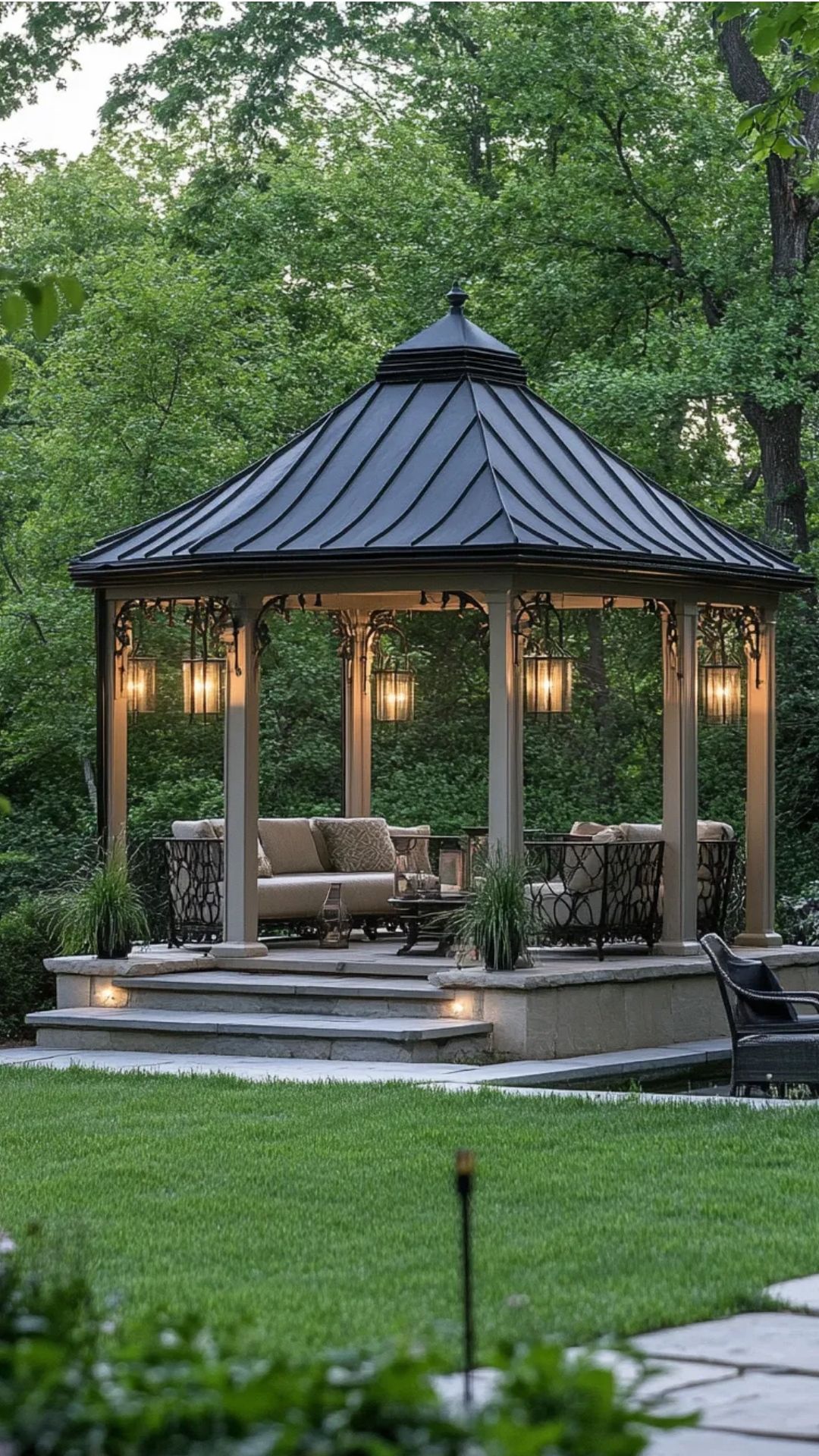 Elegant Backyard Gazebo with Metal Roof and Cozy Outdoor Seating