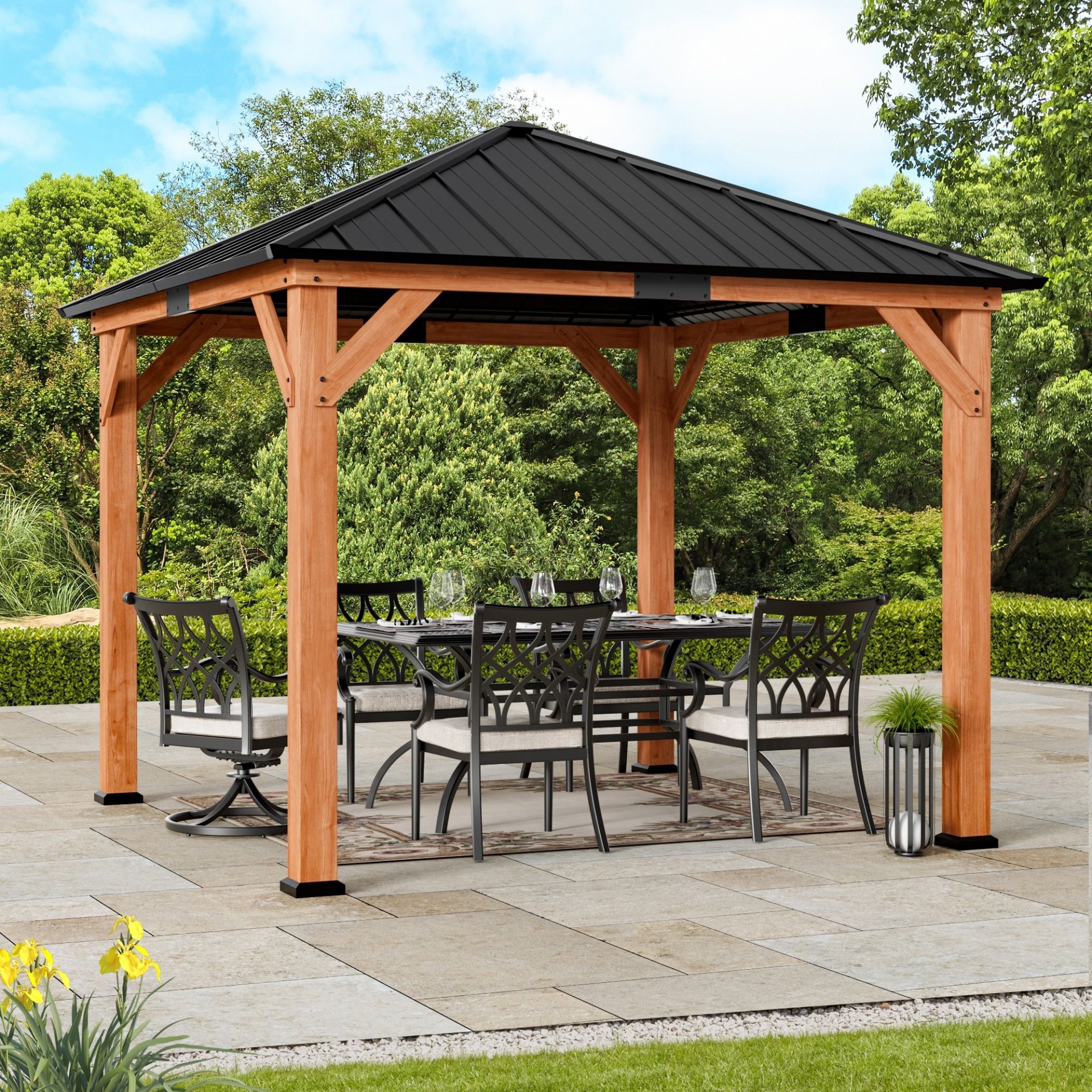 Modern Wood and Metal Gazebo with Outdoor Dining Set on Paver Patio