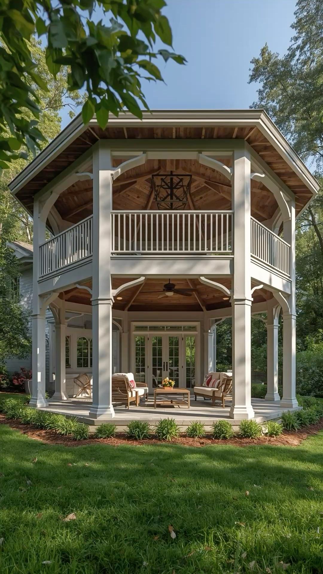 Two-Story Octagonal Backyard Pavilion with Wood Ceiling and Lounge Area