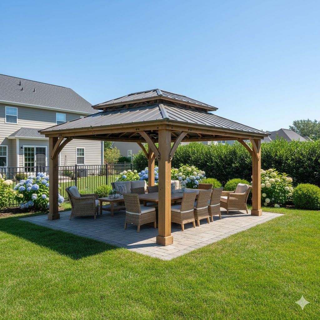 Backyard Patio with Wooden Gazebo and Outdoor Dining Area