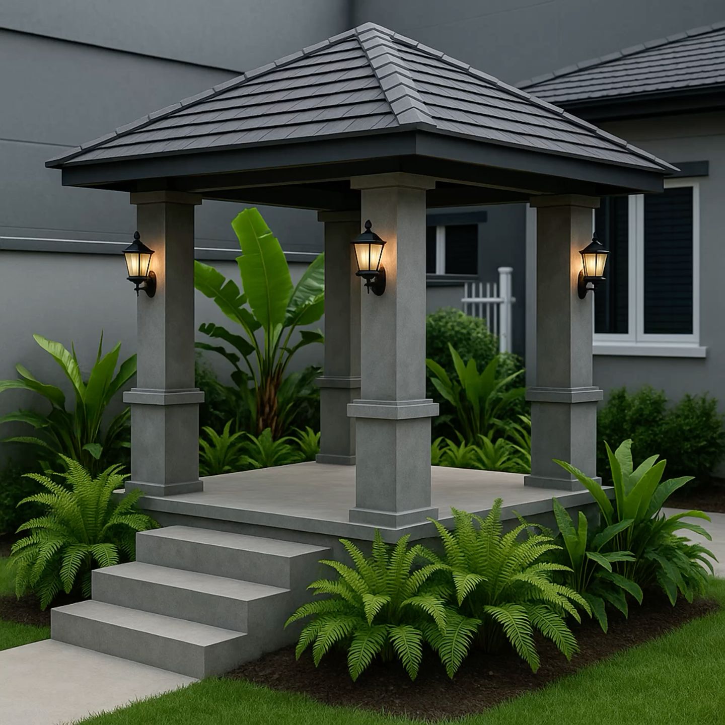 Modern Gray Concrete Gazebo with Steps and Lush Green Landscaping