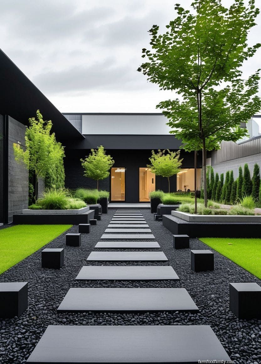 Modern Minimalist Courtyard with Geometric Path and Lush Greenery