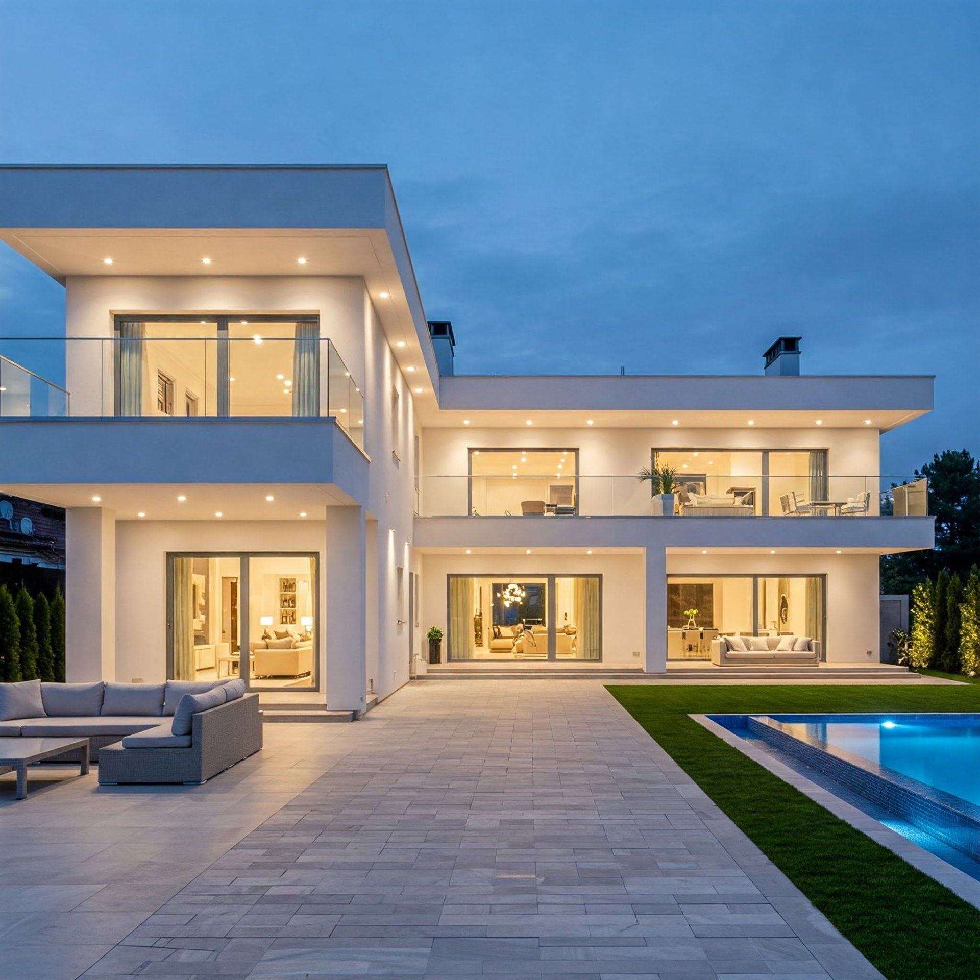 Modern Two-Story Home with Expansive Patio and Pool at Dusk