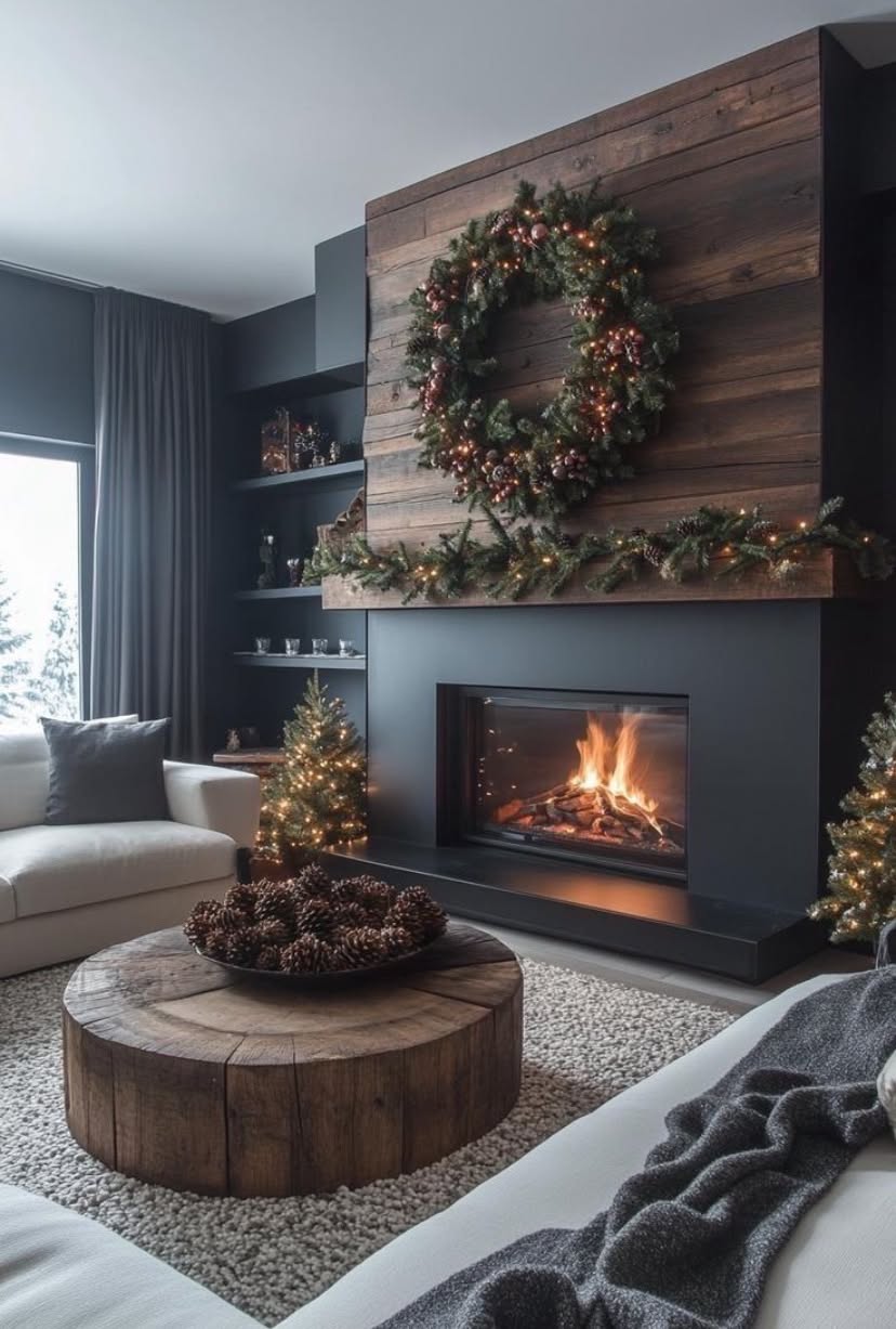 Cozy Living Room with Rustic Wood Fireplace and Holiday Decor