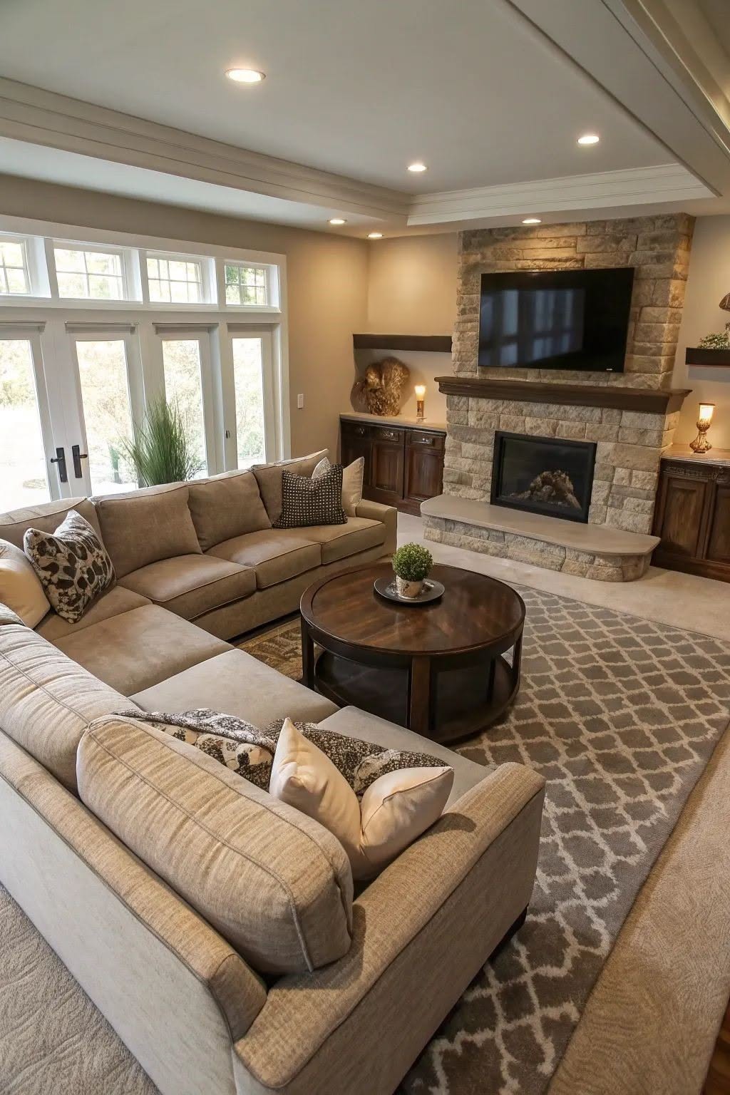 Spacious Living Room with Stone Fireplace and Sectional Sofa