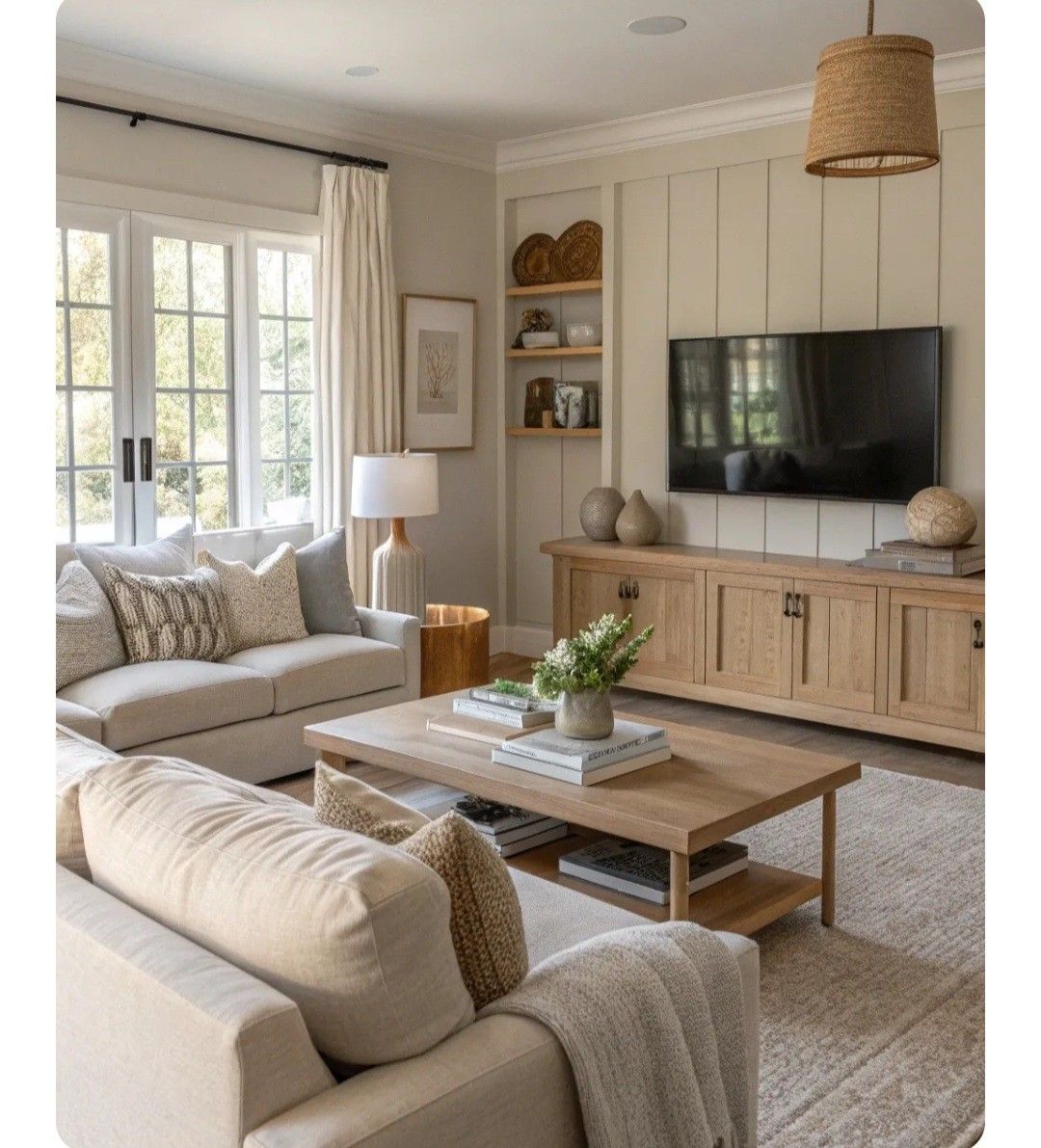 Cozy Neutral Living Room with Light Wood Accents and Panel Wall