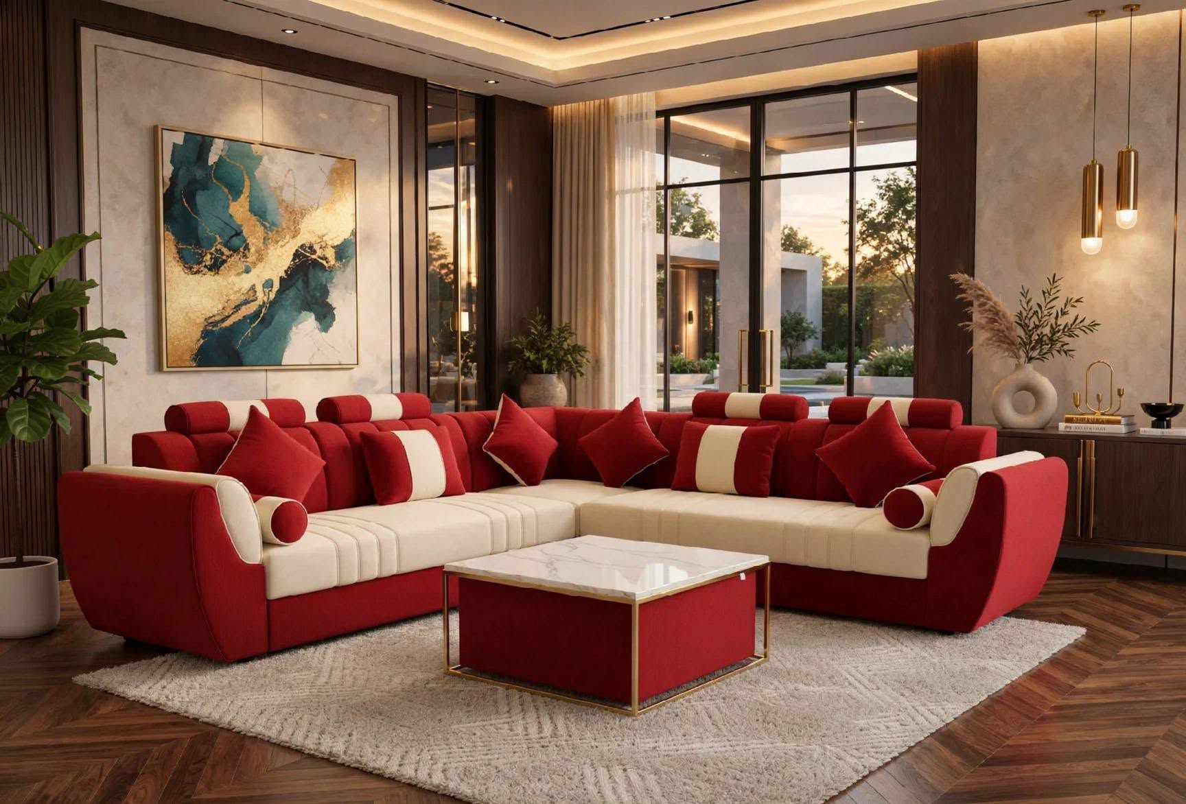 Contemporary Living Room with Red and Cream Sectional Sofa