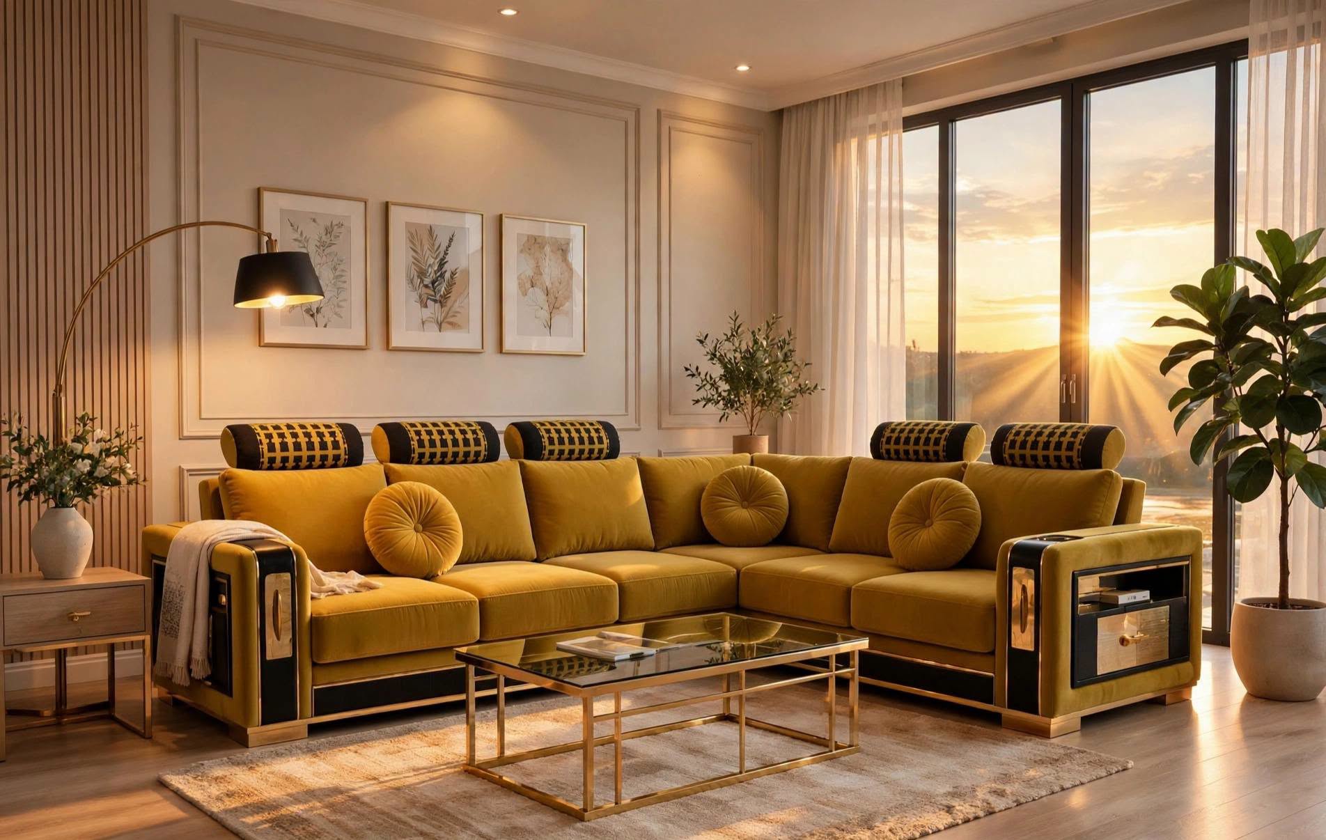 Modern Living Room with Mustard Sectional and Floor-to-Ceiling Windows