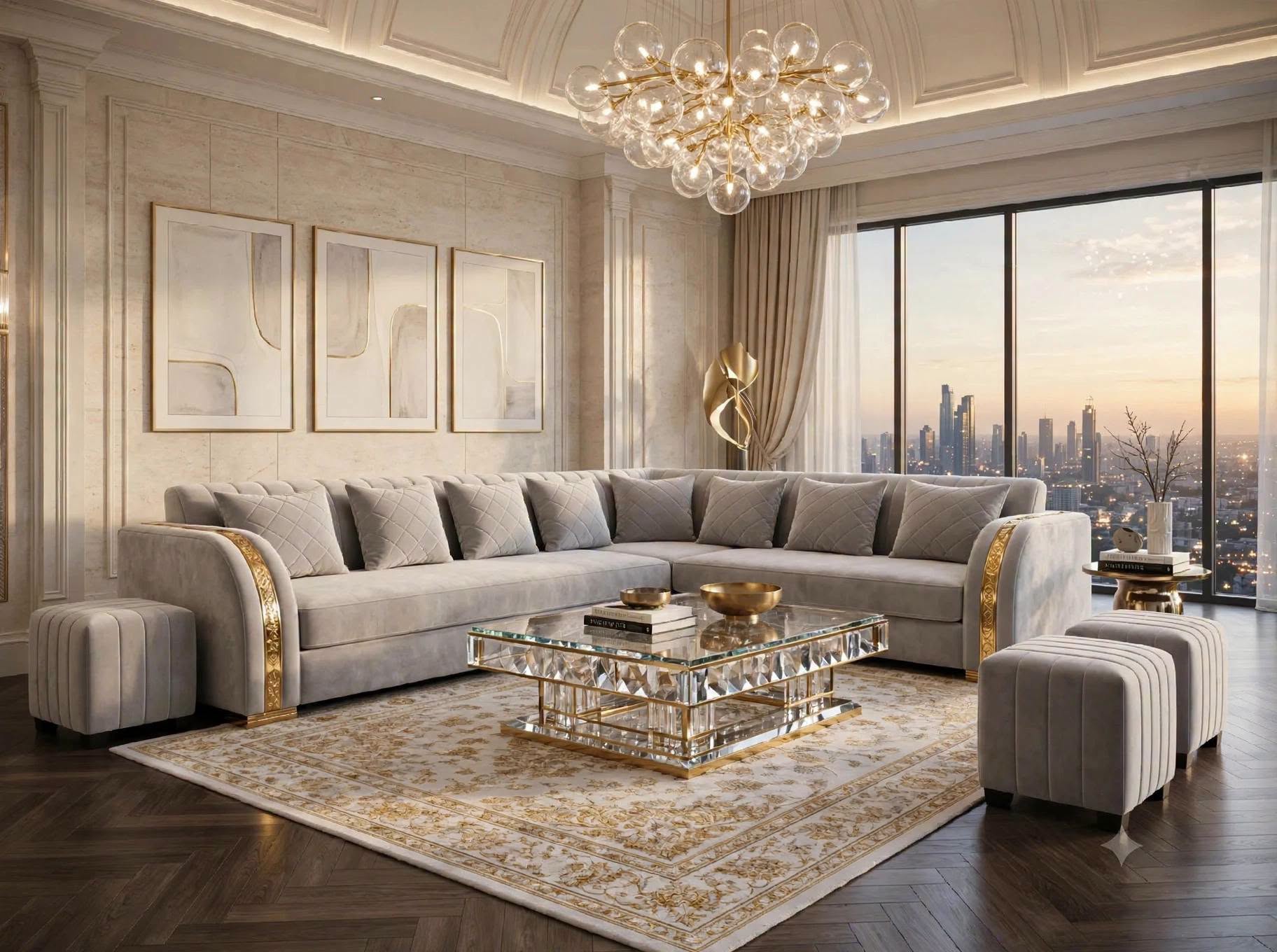 Elegant Living Room with Panoramic City View and Luxe Gold Accents