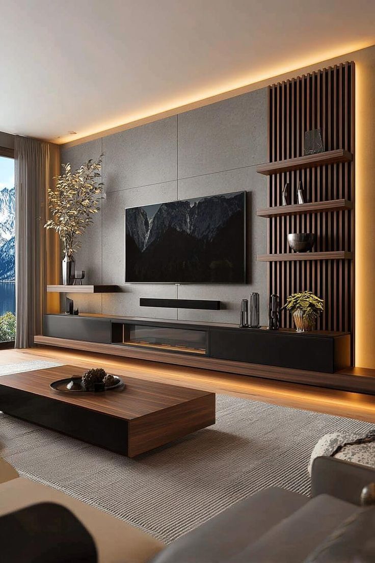 Modern Living Room with Wood Slat Accent Wall and Floating Media Console
