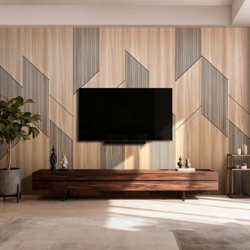 Modern Living Room with Geometric Wood Accent Wall and Floating Console