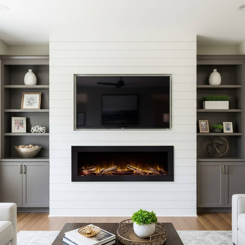 Contemporary Living Room With Shiplap Fireplace and Built-In Shelving
