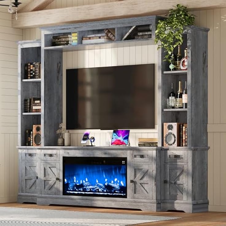 Rustic Gray Wood Entertainment Center with Electric Fireplace