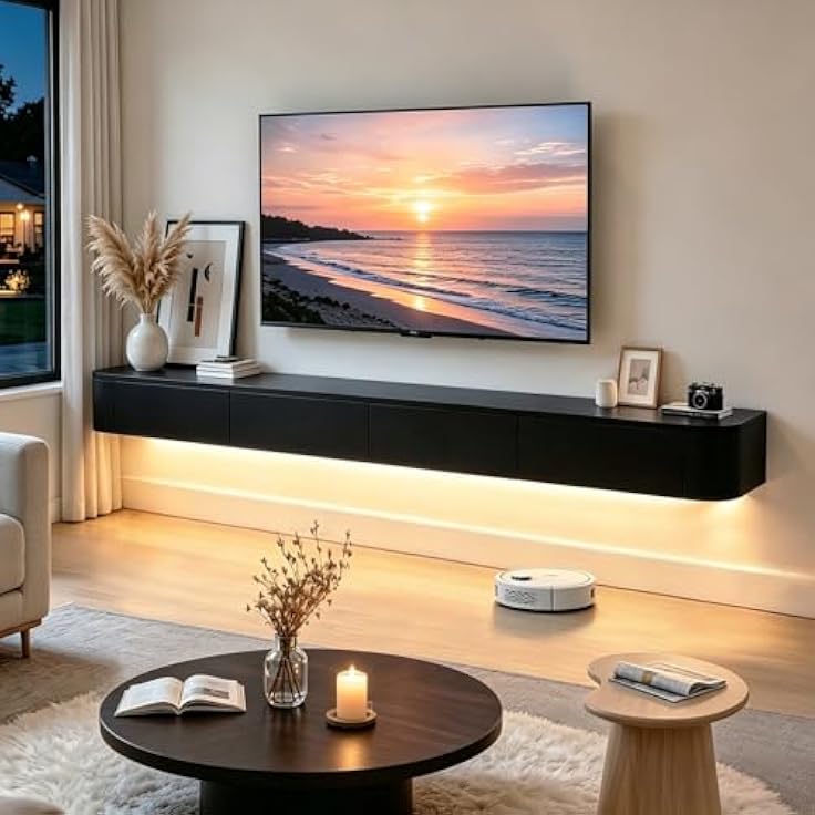 Modern Living Room with Floating Black Media Console and Soft Lighting