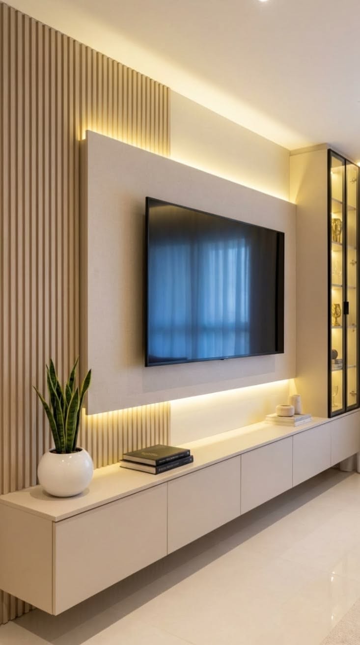 Modern Living Room TV Wall with Floating Cabinet and Accent Lighting